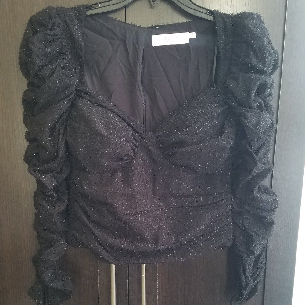 NWOT Caldwell Puff Shoulder Black Glittery Sweetheart Top. - Picture 7 of 11